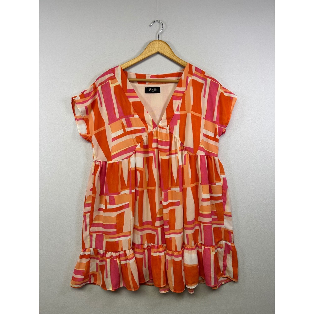 Boho Geometric Meritt Womens Medium Orange Pink Abstract V-Neck Babydoll Dress